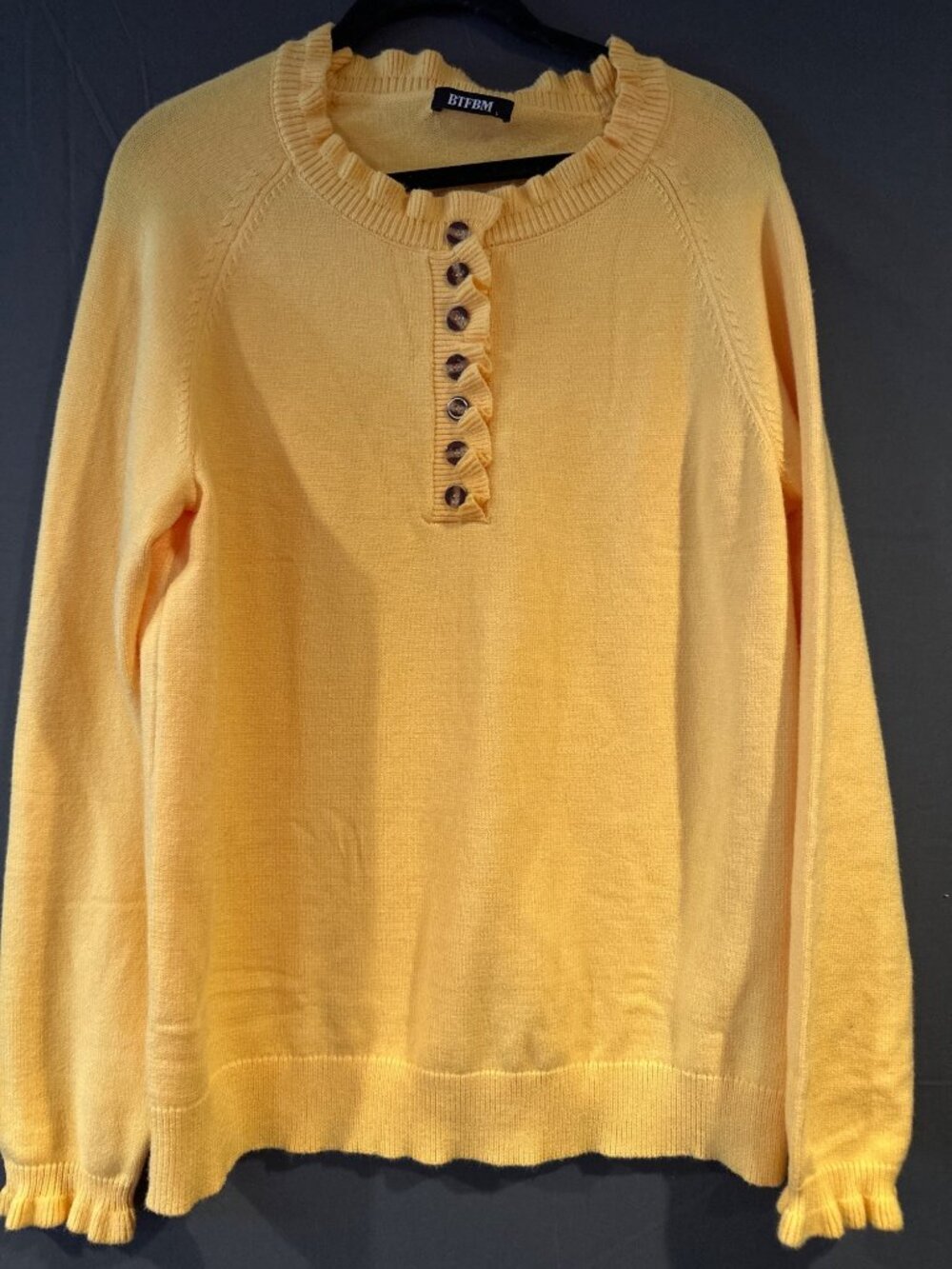 BTFBM Large Golden Yellow Ruffle Henley Sweater Cottagecore Feminine Cozy Comfy